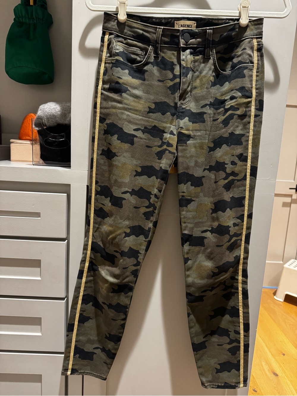 L’AGENCY camo jeans with gold stripe